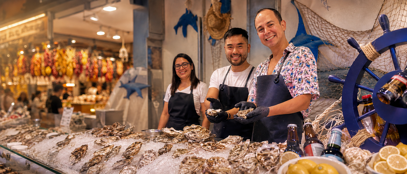 Equip d’OSTRES BCN servint ostres fresques a la seva parada del Mercat de la Boqueria, Barcelona