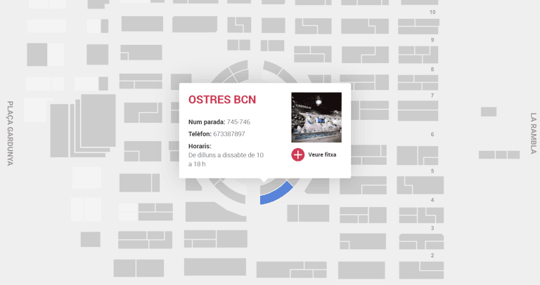 Map to find OSTRES BCN at stalls 745–746 in La Boqueria Market