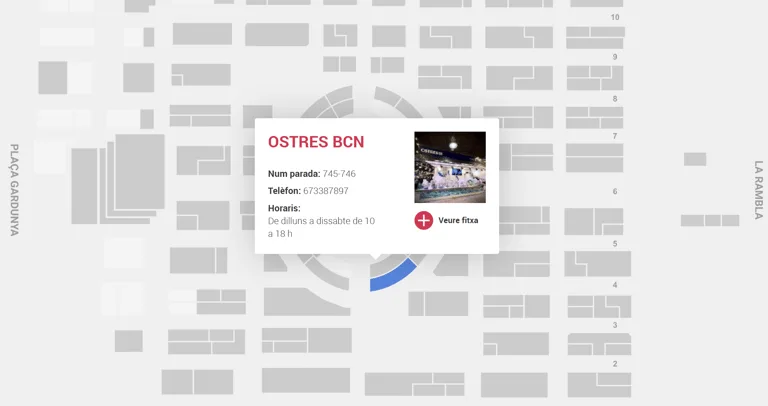 Plano para localizar OSTRES BCN en la parada 745–746 del Mercat de la Boqueria