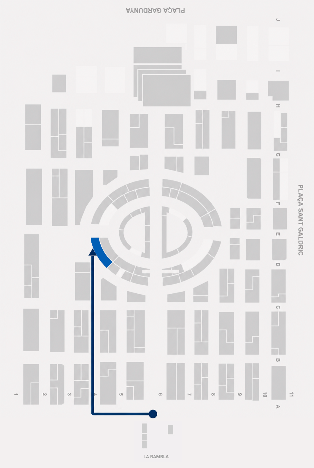 Plano de la ruta recomendada hasta OSTRES BCN, paradas 745-746 del Mercat de la Boqueria
